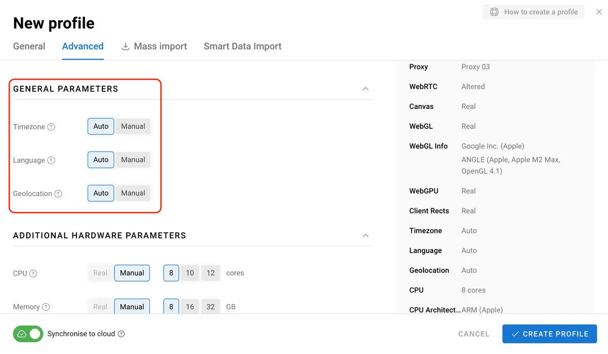 General profile parameters in Dolphin Anty, including IP, time zone and language settings