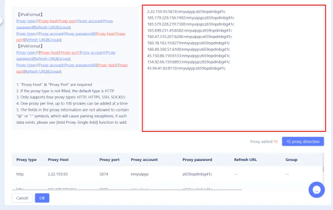 Pasted proxy list recognized in the MoreLogin proxy table