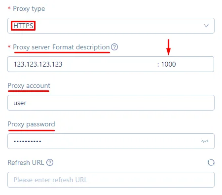 MoreLogin Proxy settings with protocol, IP or host, port, username and password fields