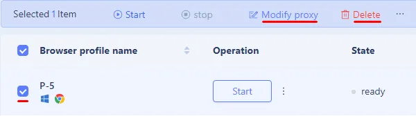 Modify proxy and Delete options for a profile in MoreLogin
