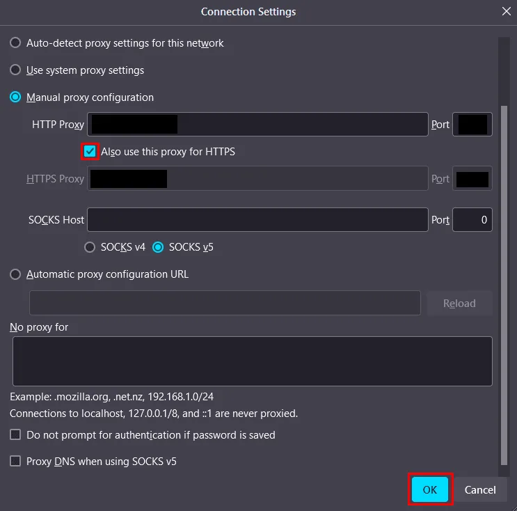 Окно Connection Settings в Firefox с вариантами настройки подключения к сети / Firefox Connection Settings window with available network connection configuration options