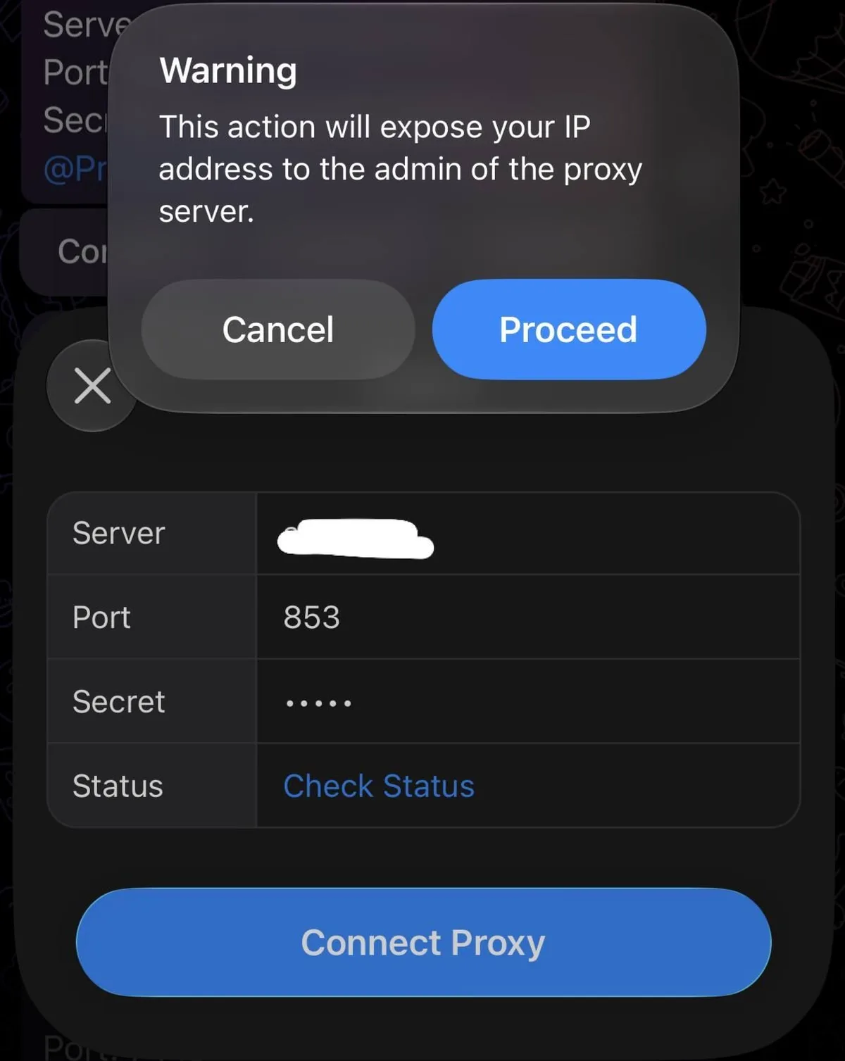 Telegram MTProto proxy card with server, port 853, hidden secret and a warning before connecting