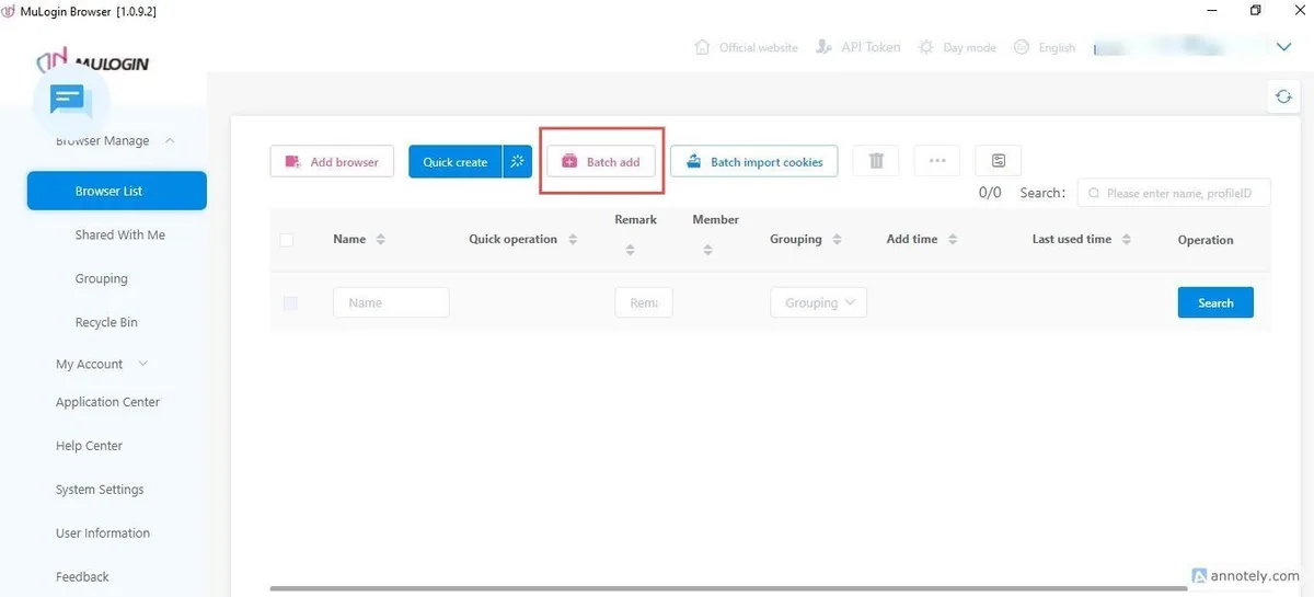 Раздел Batch add в MuLogin для массового создания браузерных профилей / Batch add section in MuLogin for creating multiple browser profiles