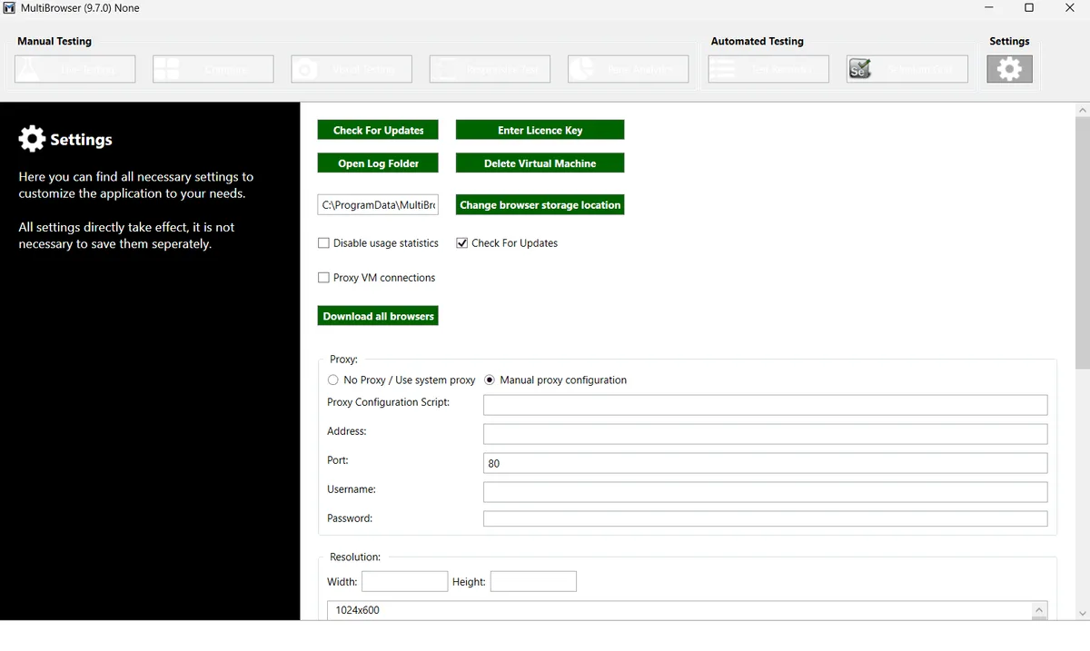 Страница Settings в MultiBrowser: блок Proxy с пустыми полями Address, Port, Username и Password