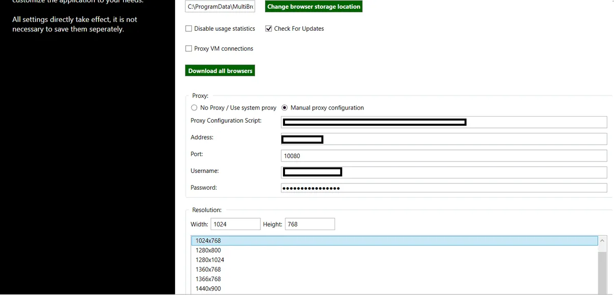 Заполненные настройки прокси в MultiBrowser и блок Resolution с выбранным 1024x768