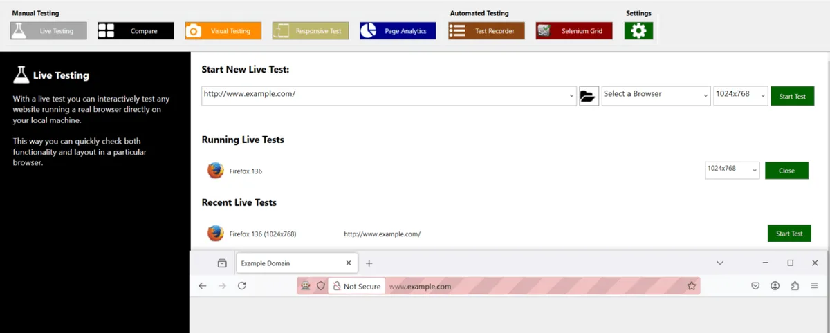 Экран Live Testing в MultiBrowser: запущенная сессия Firefox 136 с разрешением 1024x768 и тестовое окно с открытым example.com