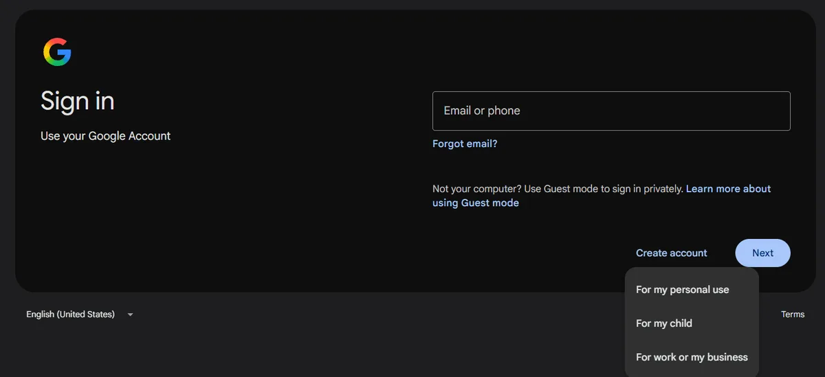 Google sign-in page with the Create account menu: for personal use, for a child, for work or business