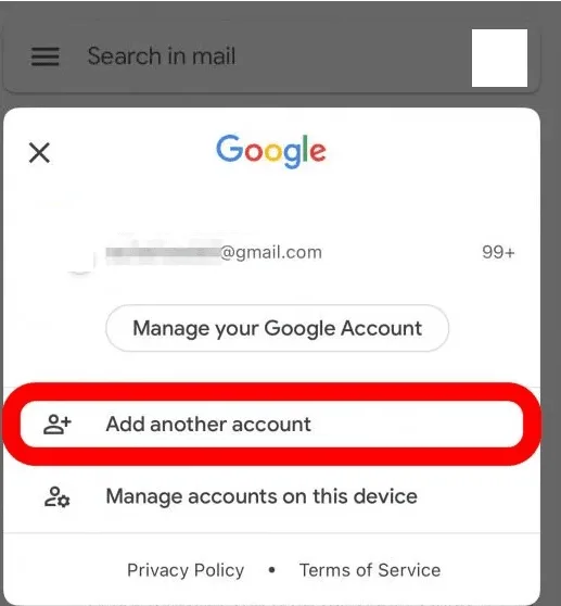 Gmail app account menu with Add another account highlighted and Manage accounts on this device below