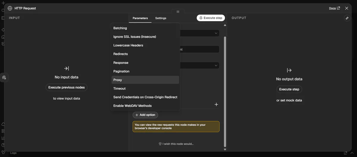 n8n HTTP Request node with the Add option list open and Proxy highlighted