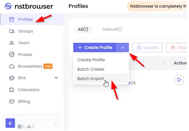 Функция Batch import в разделе Profiles в NST Browser
