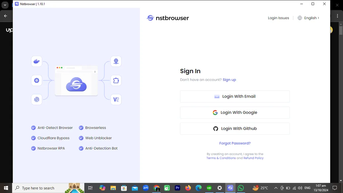 Окно входа в аккаунт NST Browser