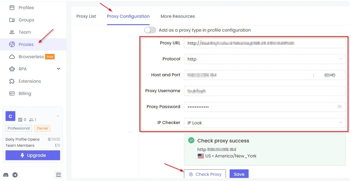 Форма Proxy Configuration в NST Browser с кнопкой Check proxy