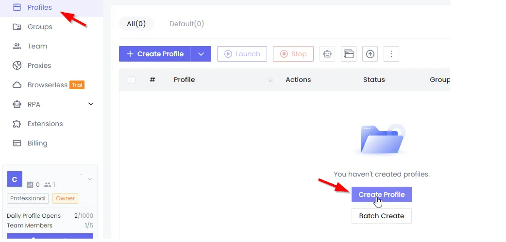 Создание нового профиля в разделе Profiles в NST Browser