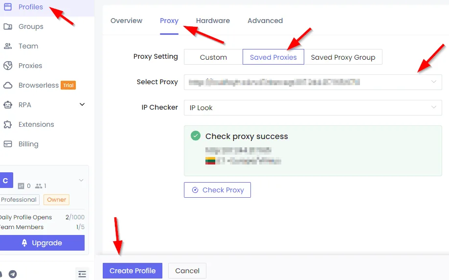 Выбор сохраненного прокси в разделе Proxy профиля NST Browser