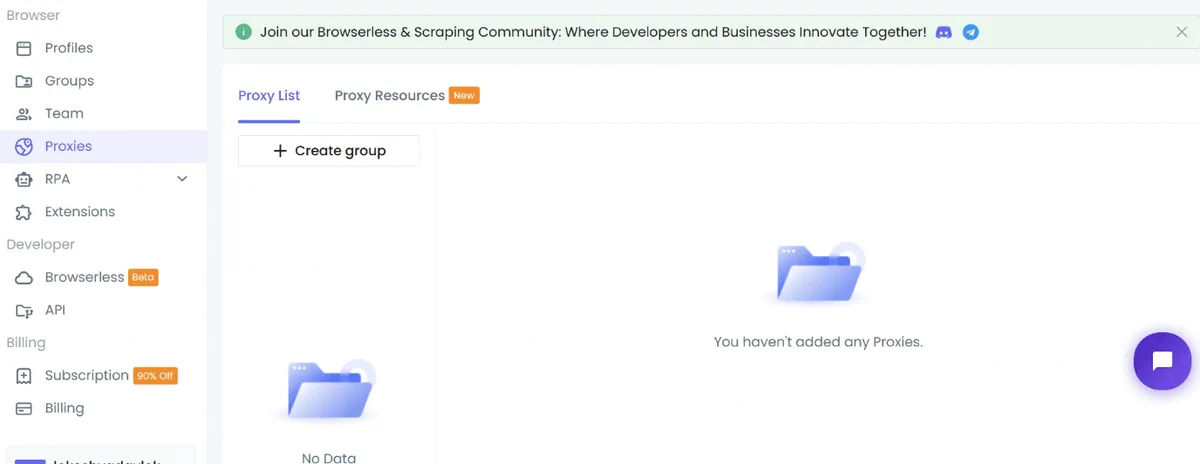 Кнопка Create Group в разделе Proxies в NST Browser