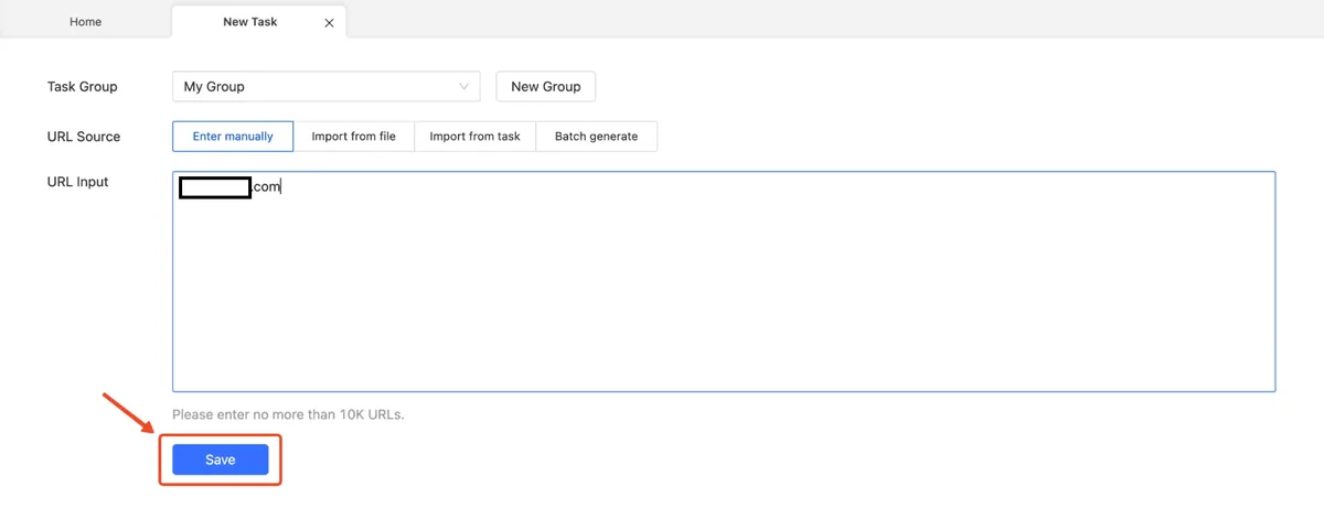 Форма New Task в Octoparse с полем URL Input и кнопкой Save