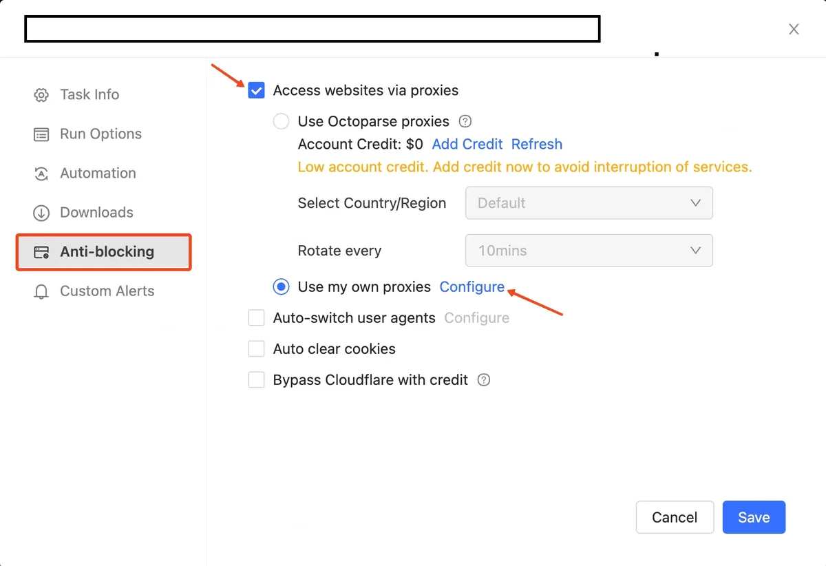 Раздел Anti-blocking в настройках задачи Octoparse с отмеченным Access websites via proxies и выбранным Use my own proxies