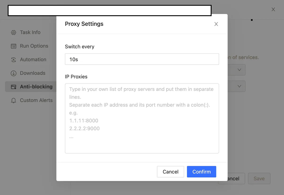 Окно Proxy Settings в Octoparse с полем Switch every и пустым списком IP Proxies