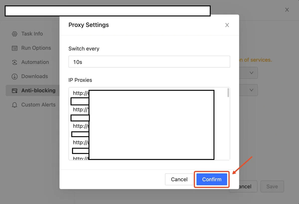 Окно Proxy Settings со списком прокси, учетные данные скрыты, кнопка Confirm выделена