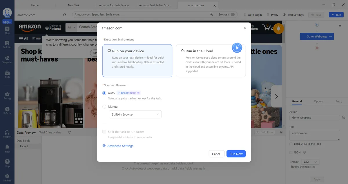 Окно запуска задачи в Octoparse с выбранным Run on your device и браузером Auto