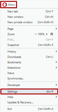 Меню Opera с открытым разделом «Настройки» / Opera menu with the Settings section open