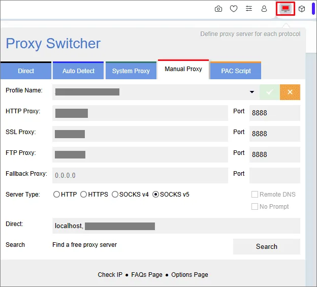 Интерфейс Proxy Switcher & Manager с открытой вкладкой Manual Proxy и полями для настройки подключения / Proxy Switcher & Manager interface with the Manual Proxy tab open and connection settings fields