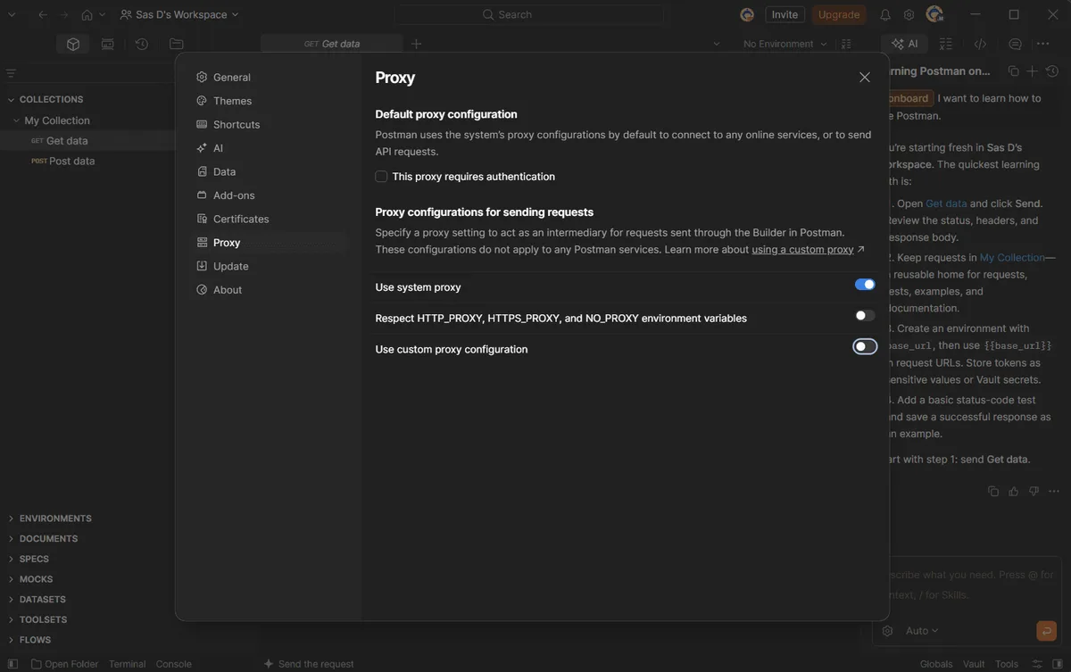 Postman Proxy settings with Use system proxy on and Use custom proxy configuration off
