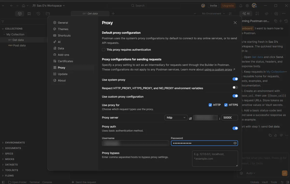 Postman custom proxy configuration with HTTP and HTTPS ticked, proxy server, port and Proxy auth fields