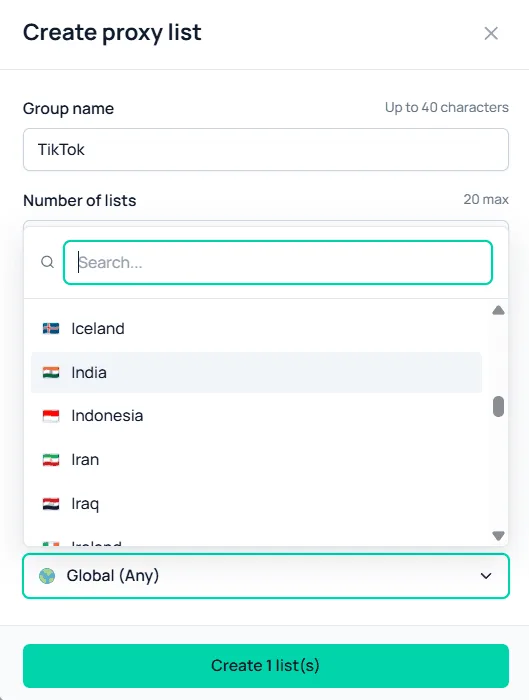 Choosing a proxy GEO location in the Node Proxy panel