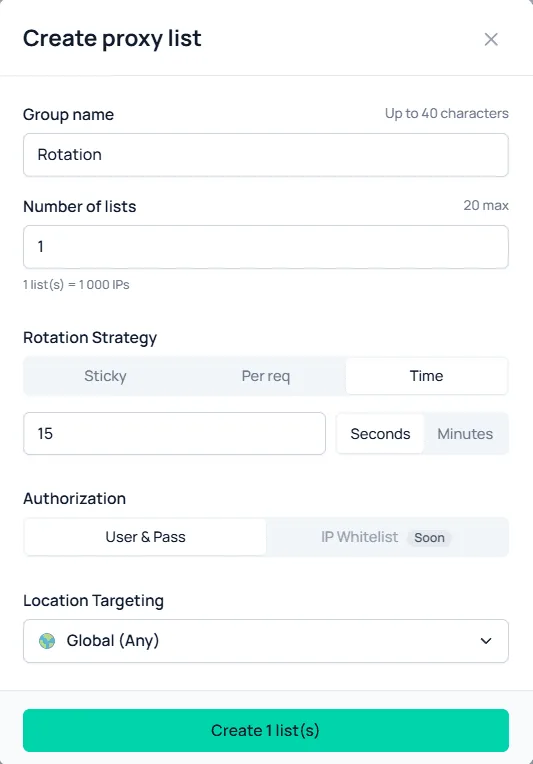 Configuring proxy rotation when creating a list in Node Proxy