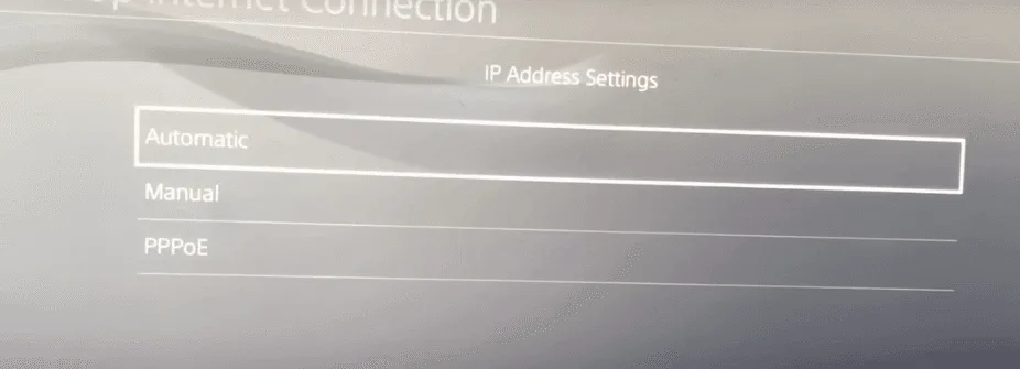 PS4 IP Address Settings screen with Automatic, Manual and PPPoE options