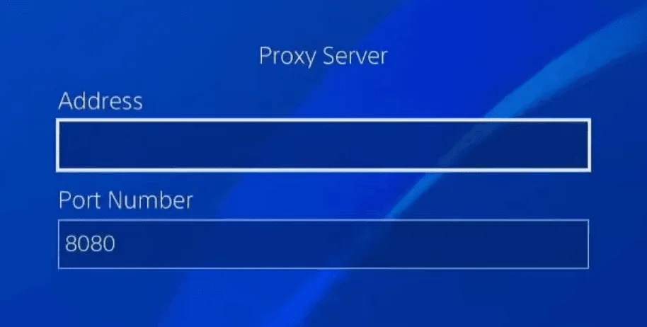PlayStation Proxy Server screen with the Address field and port 8080