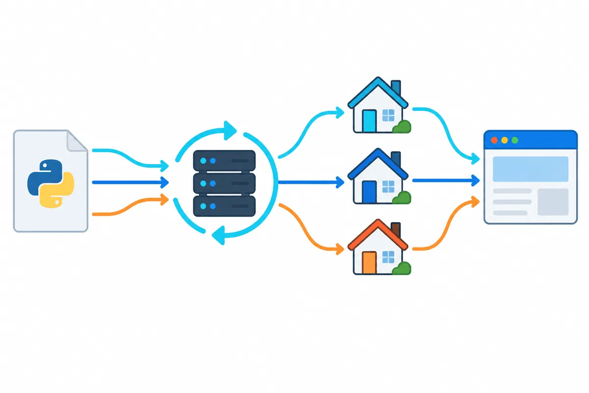 Python script sending three requests to one rotating gateway that forwards each through a different residential IP to the same site