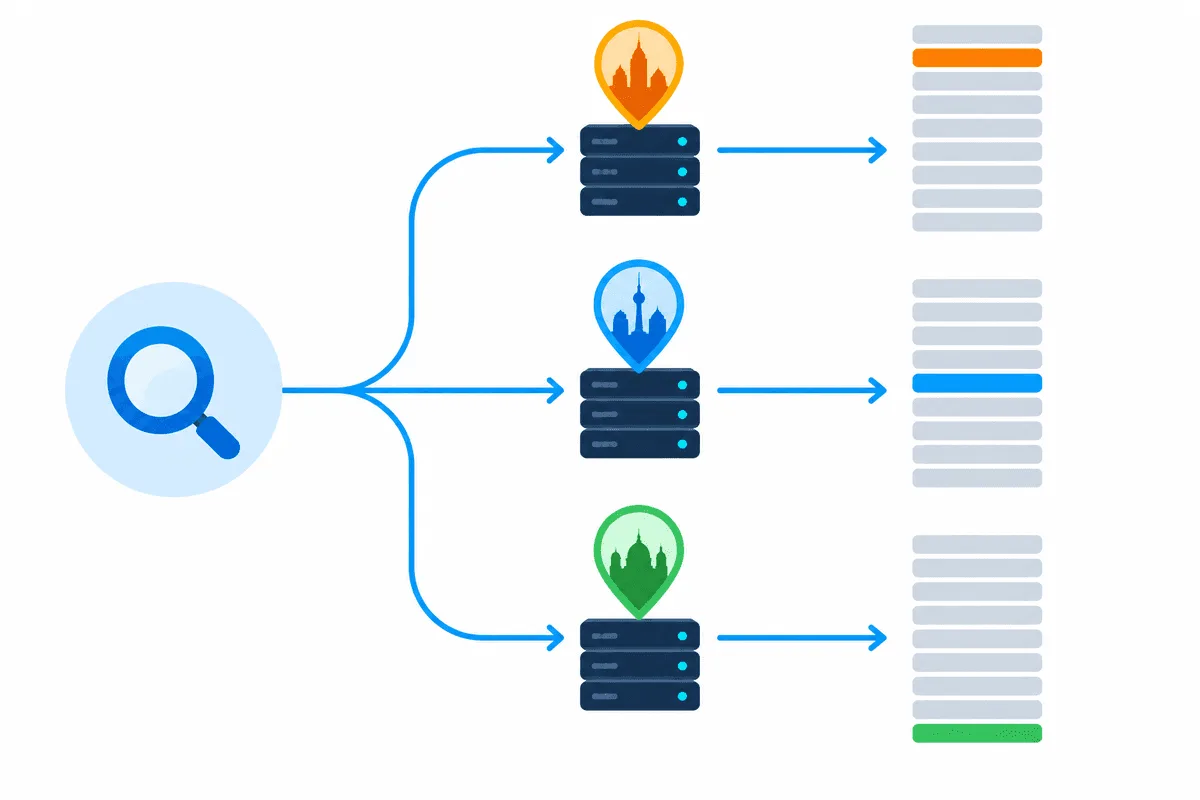One search query sent through proxies in three cities, each returning a results list with the same site at a different position