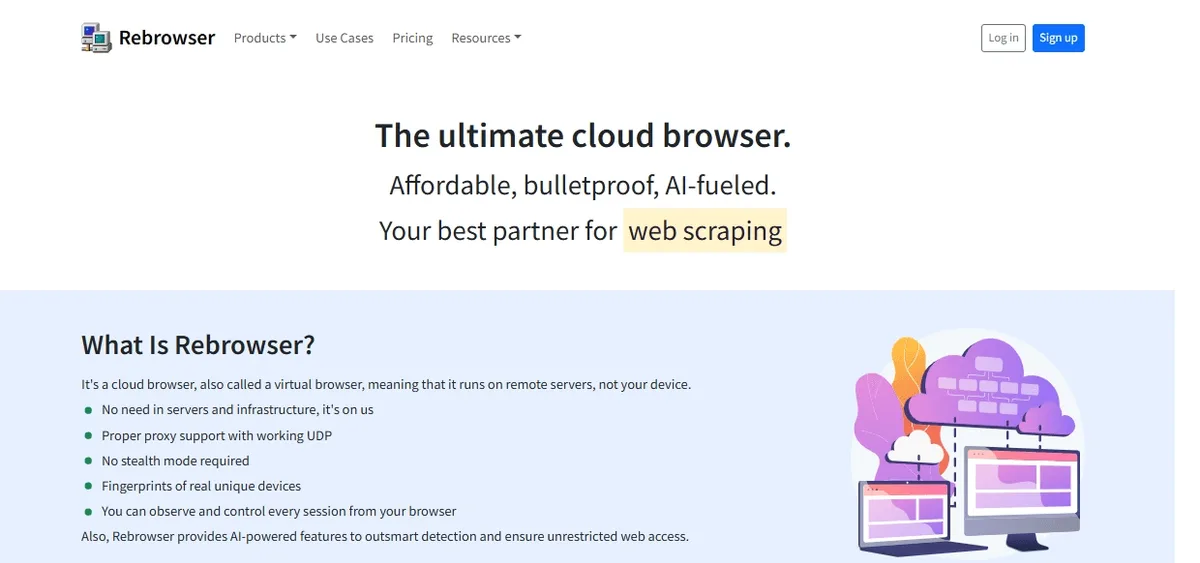Главная страница Rebrowser с кнопками Log in и Sign up в правом верхнем углу