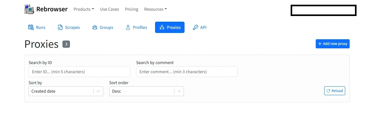 Раздел Proxies в панели Rebrowser с кнопкой Add new proxy