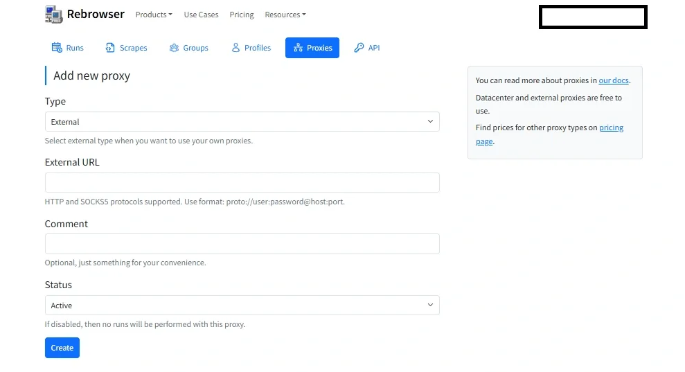 Форма Add new proxy в Rebrowser: Type External и поле External URL