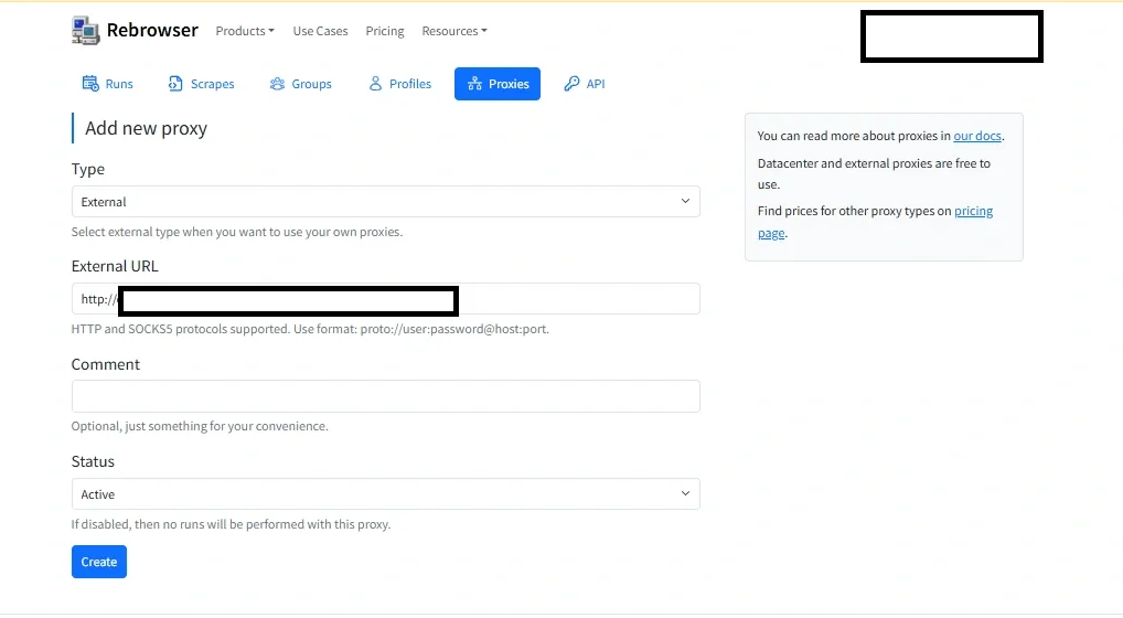 Заполненный External URL в форме прокси Rebrowser, Status Active и кнопка Create