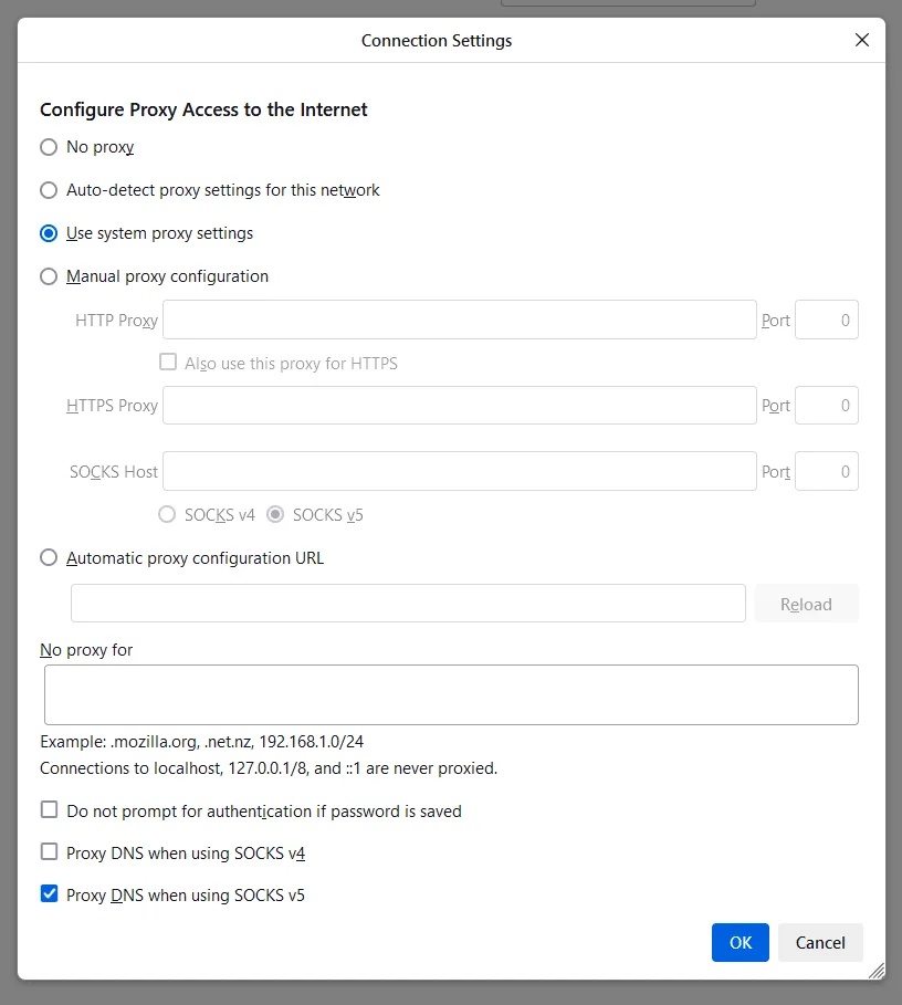 Firefox Connection Settings window with Manual proxy configuration and the SOCKS v5 and Proxy DNS options