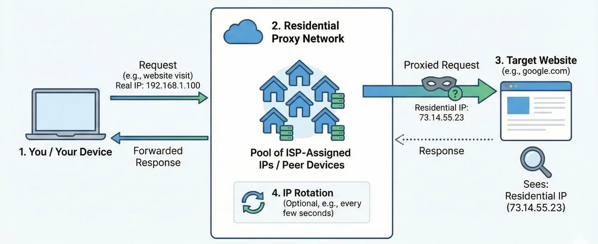 Diagram showing how a residential proxy routes traffic through a real user IP address
