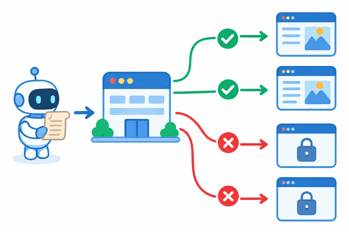 Diagram of a crawler reading a rules file at a website entrance, with allowed paths in green and blocked paths in red