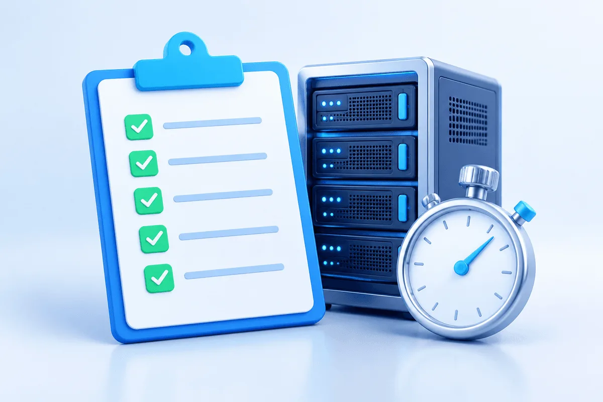Illustration of a checklist on a clipboard next to a server rack and a stopwatch, symbolising rules review and rate limits
