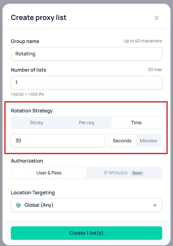 IP rotation settings in the Node Proxy dashboard / Настройки ротации IP-адресов в панели Node Proxy