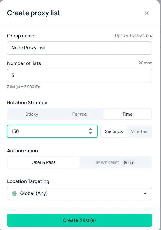 Configuring proxy rotation when creating a residential proxy list in Node Proxy