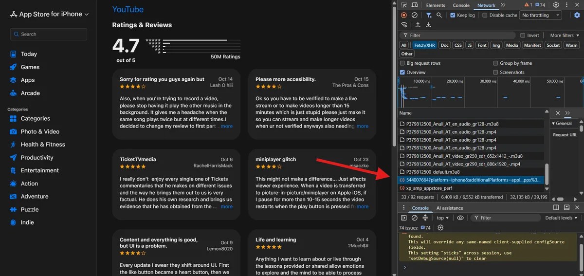 Страница отзывов App Store и Chrome DevTools на вкладке Network с фильтром Fetch/XHR и выделенным запросом