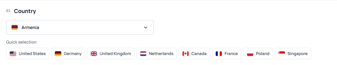 Selecting a GEO region when purchasing IPv4 datacenter proxies in Node Proxy