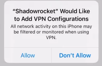 iOS prompt: Shadowrocket Would Like to Add VPN Configurations with Allow and Don't Allow buttons