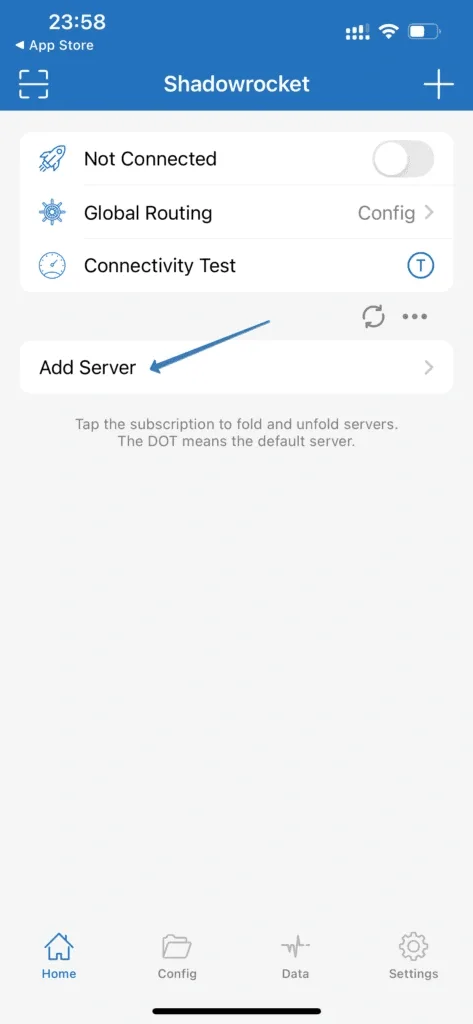 Shadowrocket home screen with the Add Server row