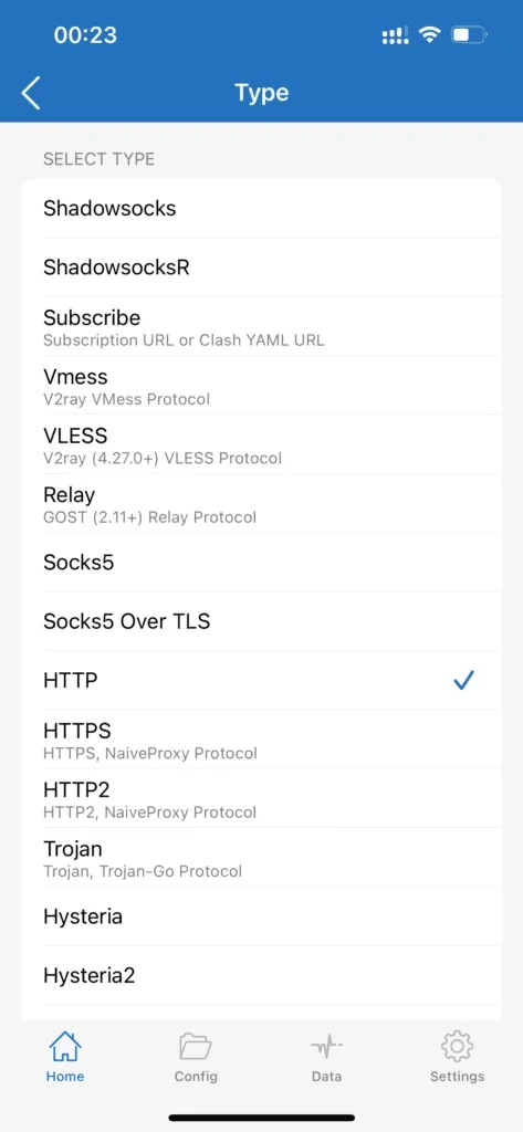 Shadowrocket Type list with Socks5, HTTP and HTTPS entries