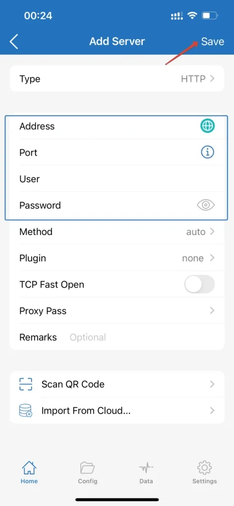 Shadowrocket server form with Address, Port, User and Password fields and the Save button